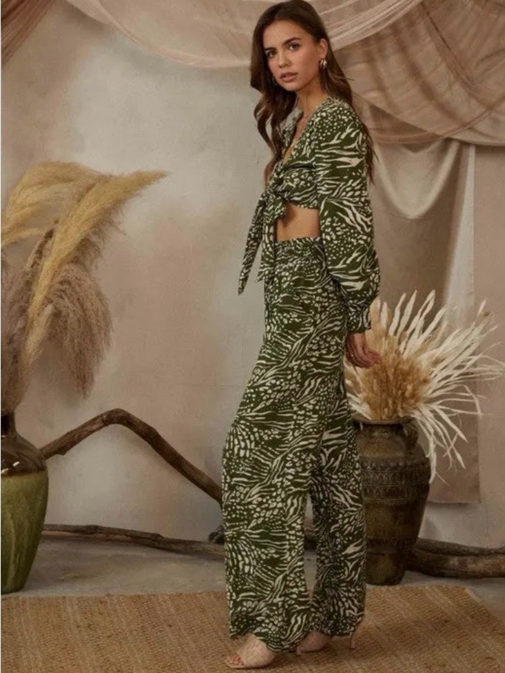 Endless Blu Olive Green Printed Wide Leg Pants | Flowy Resort Pants